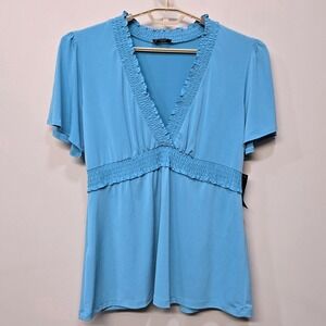 BCBG Paris Babydoll Shirt Top Women XL Blue Ruffle Empire Waist Ruffle Retro Y2K